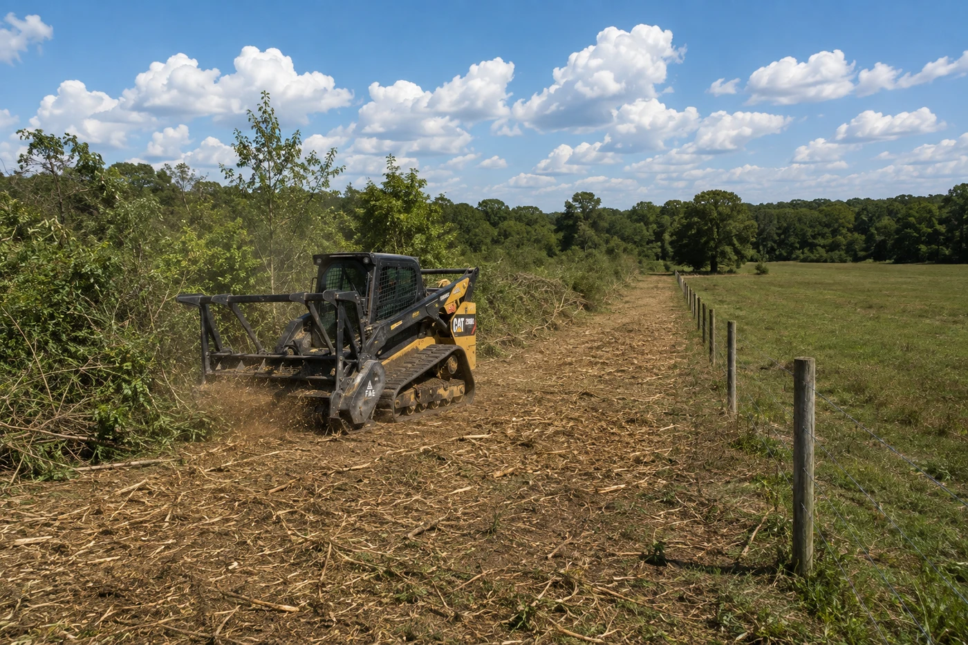 CAT track loader with FAE mulching head clearing brush along a fence line on a sunny day