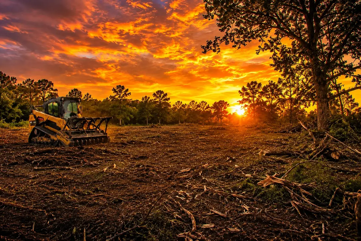 Track loader with mulching head on a cleared field at sunset