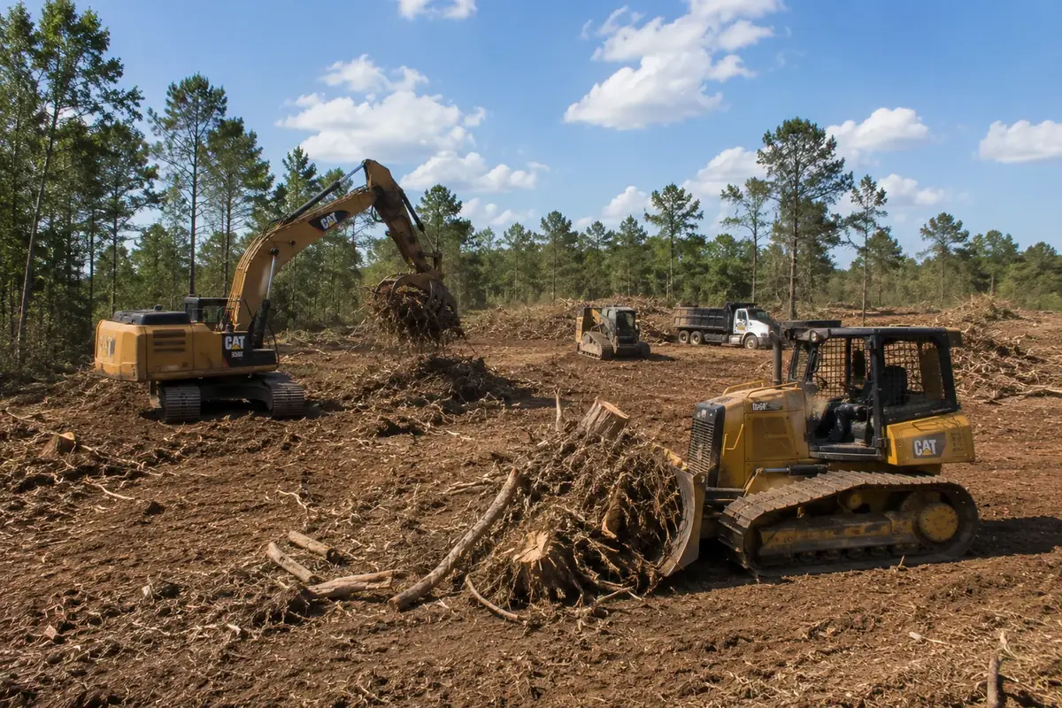 Land clearing equipment working on a property