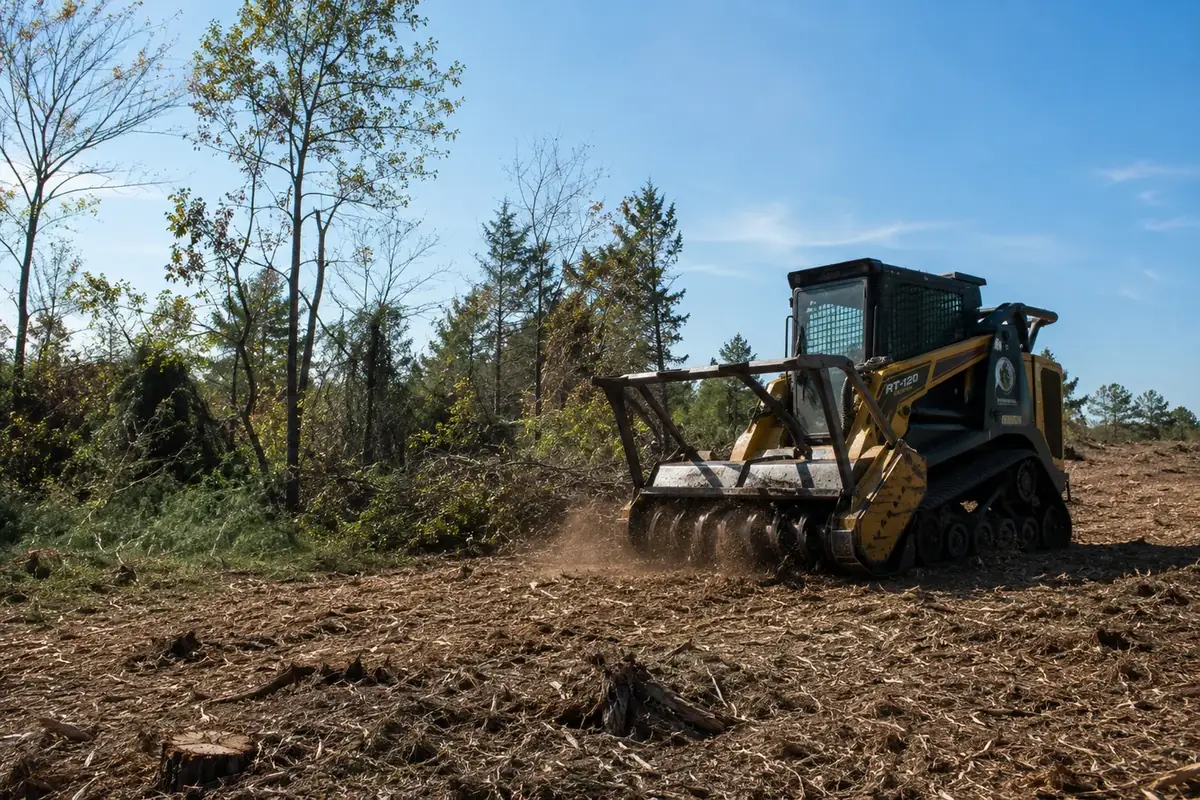 Tracked forestry mulching equipment working in a field